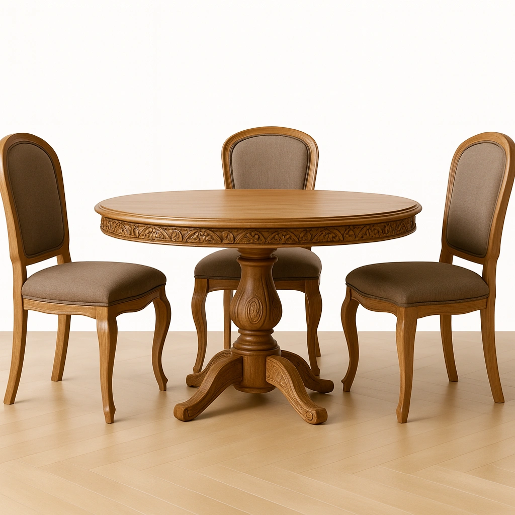 Set da pranzo in legno massello con tavolo rotondo e tre sedie con seduta in lino e cotone-woodhomecraft